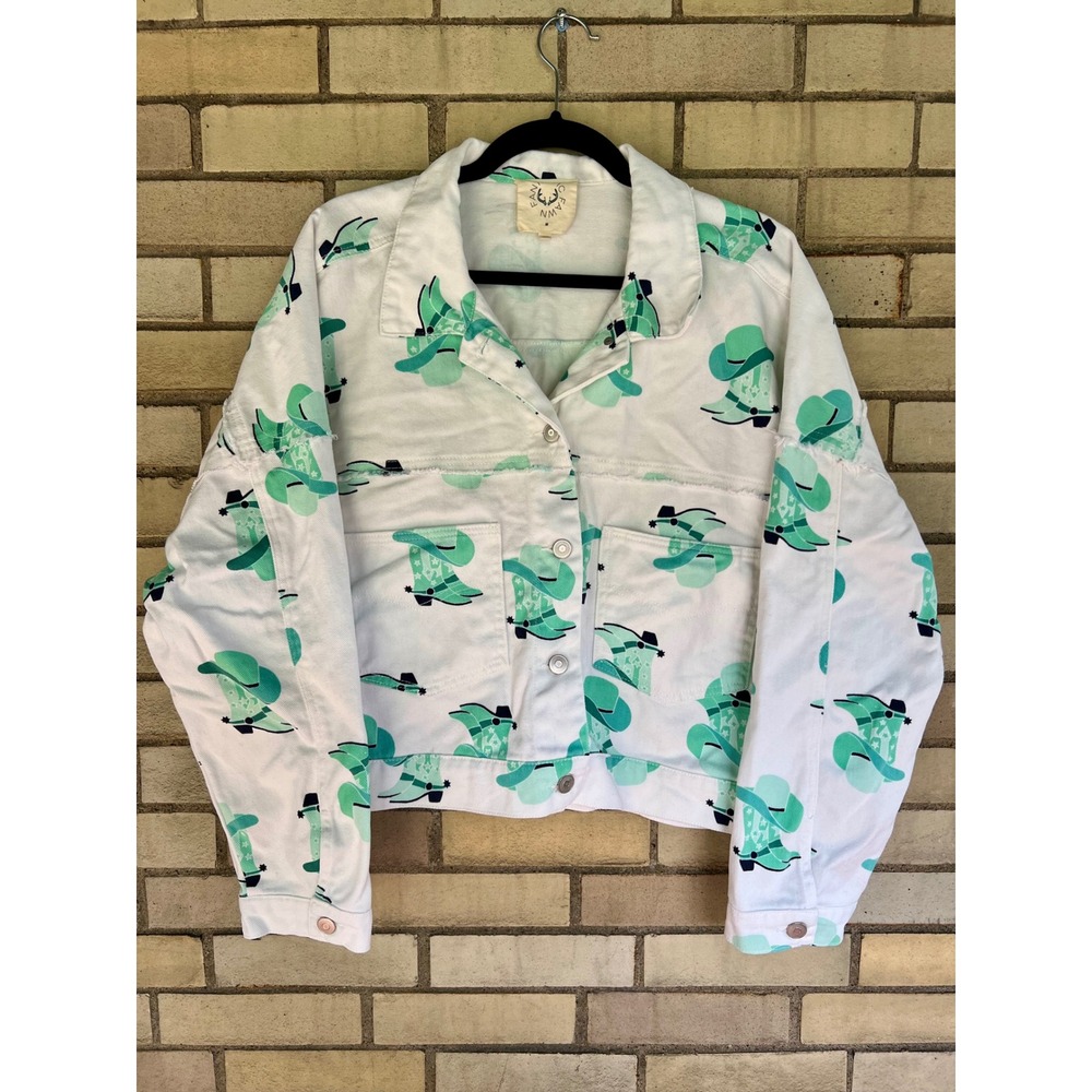 Fantastic Fawn White Green Cowboy Hat Boot Print Cropped Jean Jacket Medium